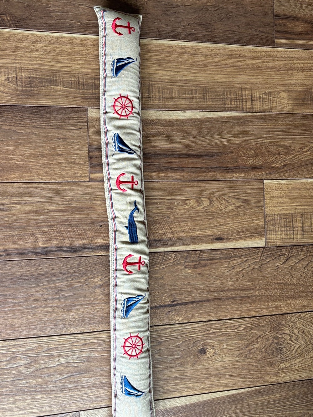 Nautical Embroidered Door Draft Stopper - Beige with Red & Blue Accents 36”